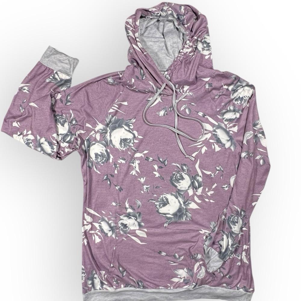 BARLVER‎ Hoodie Pullover Top Sz XL Lavender Black Gray Roses Super Soft Cozycore